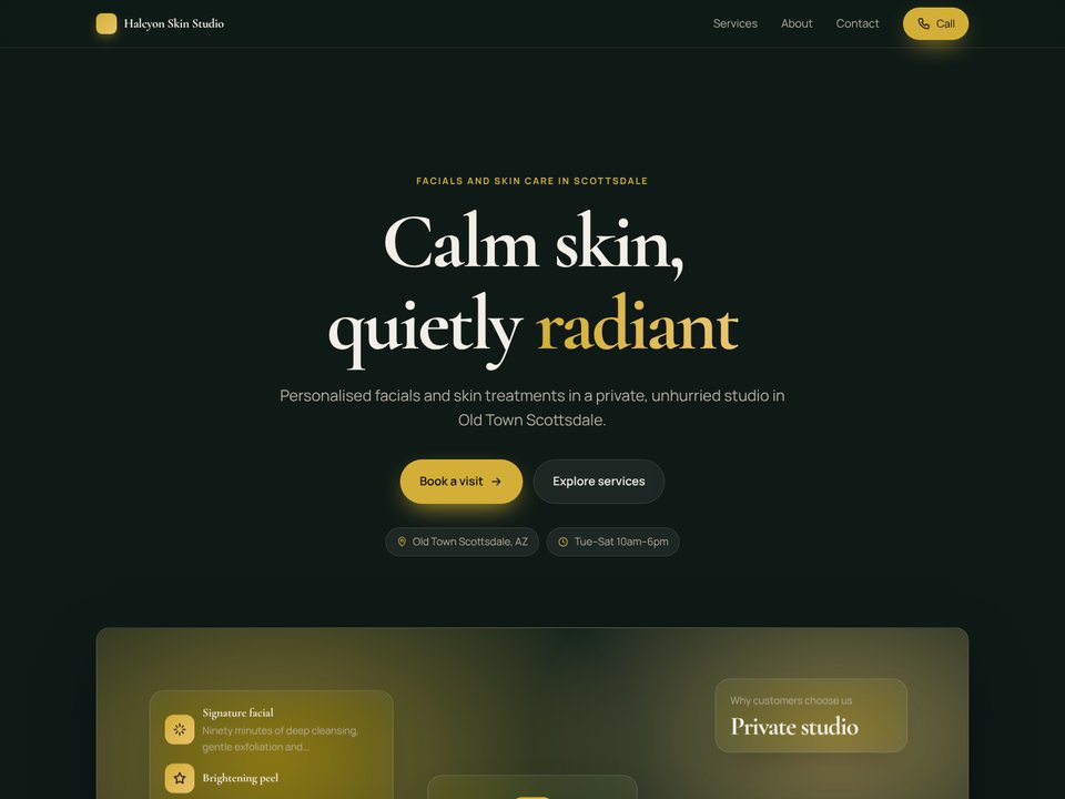Sample website for Halcyon Skin Studio